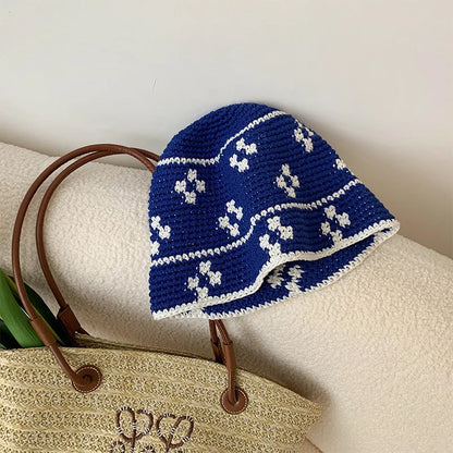 Korean Flower Crochet Handmade Panama Bucket Hat