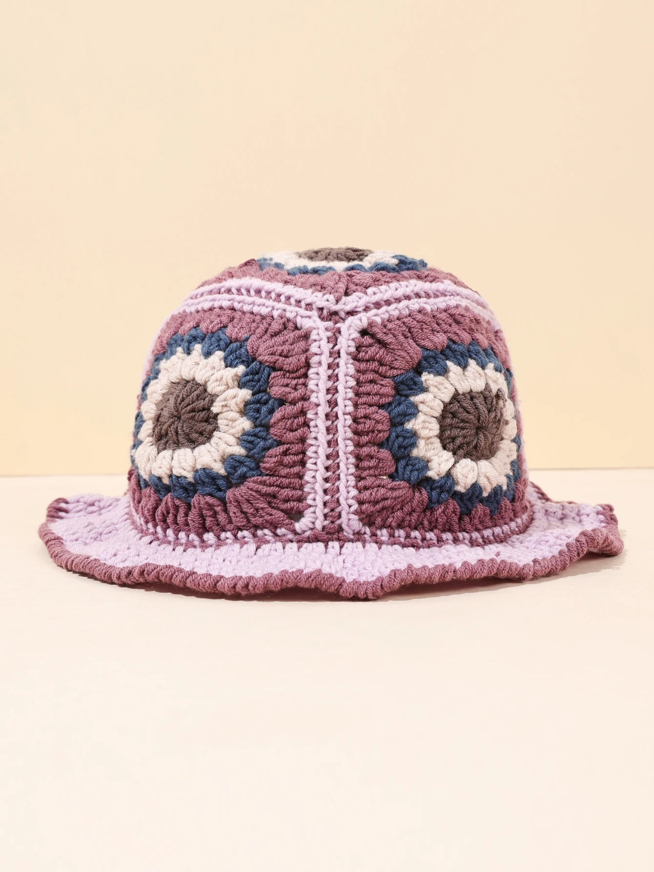Retro Pink Purple Crochet Knit Bucket Hat