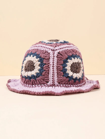 Retro Pink Purple Crochet Knit Bucket Hat