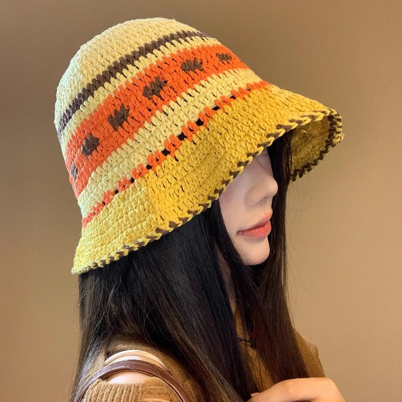 Ins Retro Contrasting Striped Versatile Bucket Hat