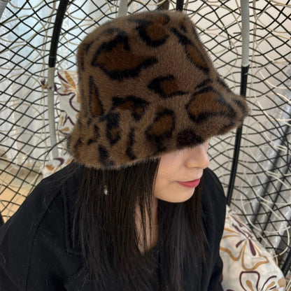 Leopard Faux Fur Plush Winter Bucket Hat