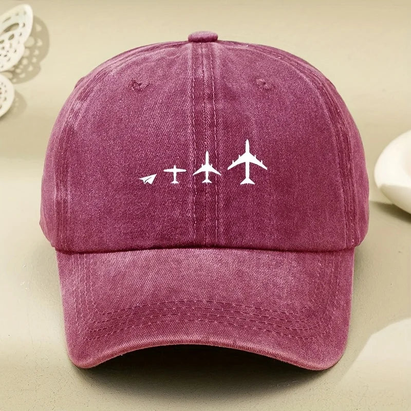 Retro Airplane Print Washed Baseball Cap