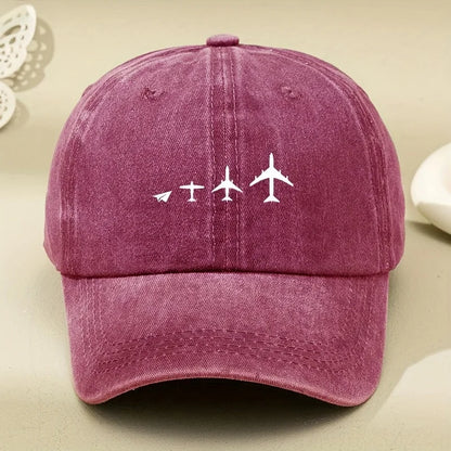 Retro Airplane Print Washed Baseball Cap