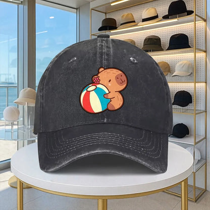 Capybara Beach Ball Washed Denim Baseball Cap