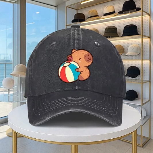 Capybara Beach Ball Washed Denim Baseball Cap