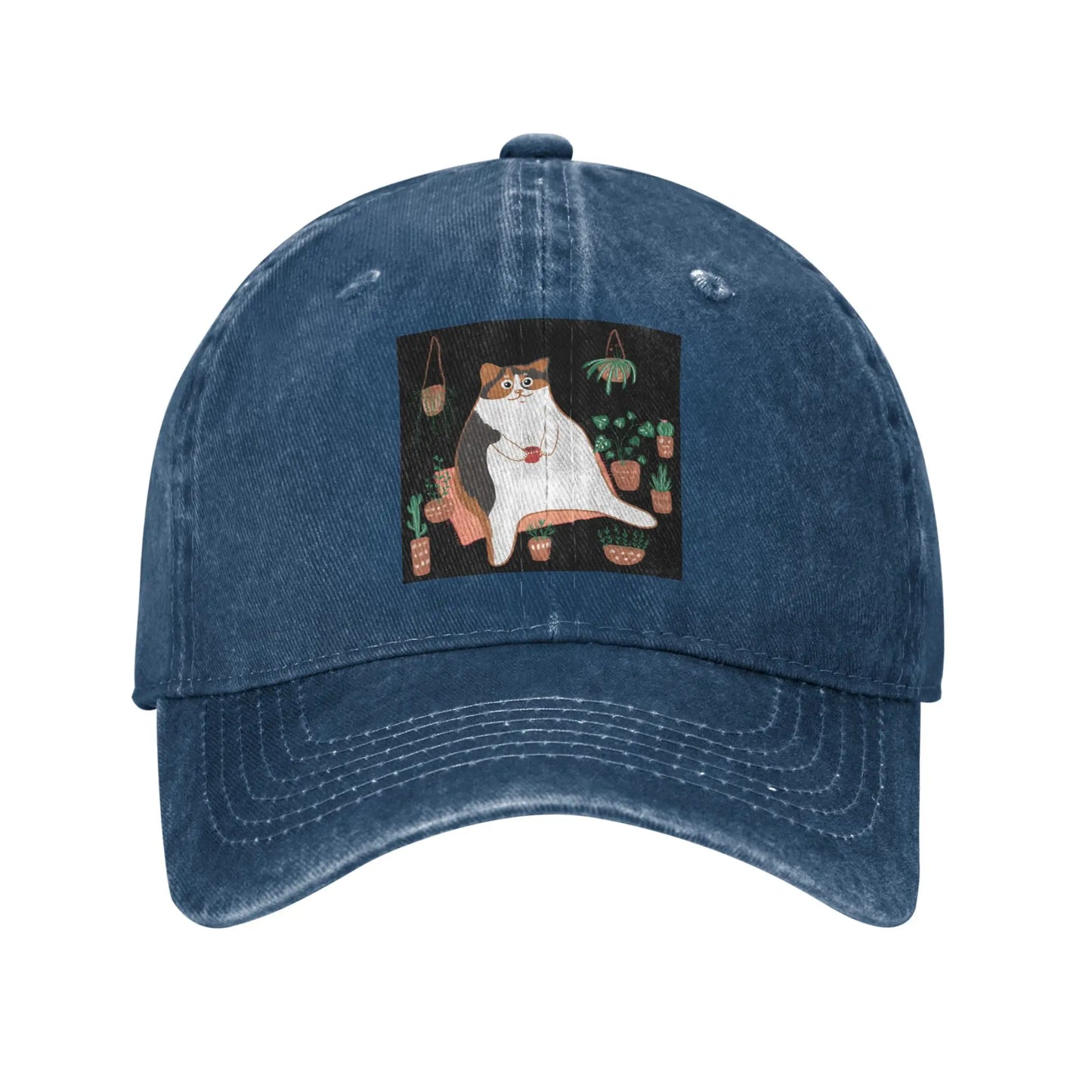 Calico Cat With Pot Plants Denim Adjustable Baseball Cap