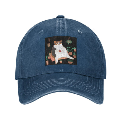 Calico Cat With Pot Plants Denim Adjustable Baseball Cap