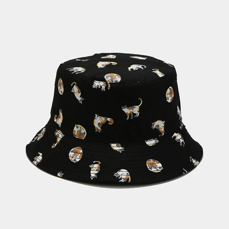 Cartoon Cat Embroidery Cotton Bucket Hat