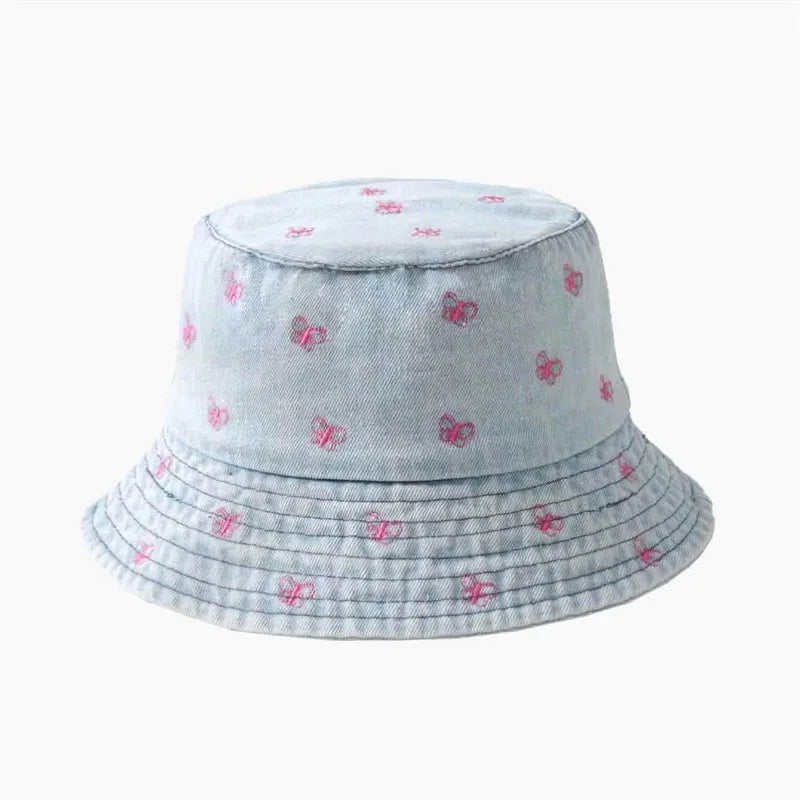 Pink Butterfly Embroidery Washed Denim Summer Bucket Hat