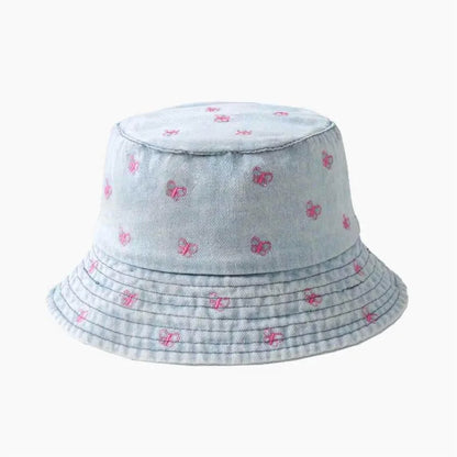 Pink Butterfly Embroidery Washed Denim Summer Bucket Hat