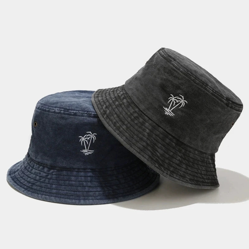 Vintage Washed Palm Tree Embroidery Outdoor Hiking Bucket Hat