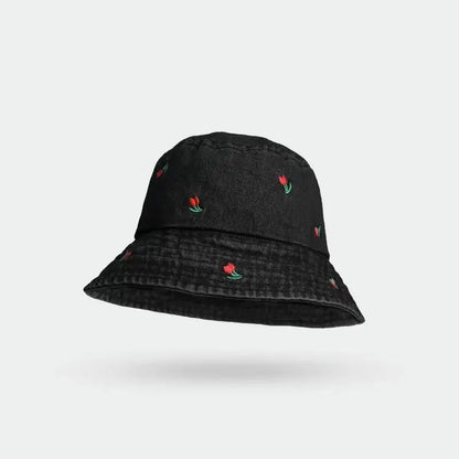 Bucket Hat Women Denim Embroidered Flower Summer Hats