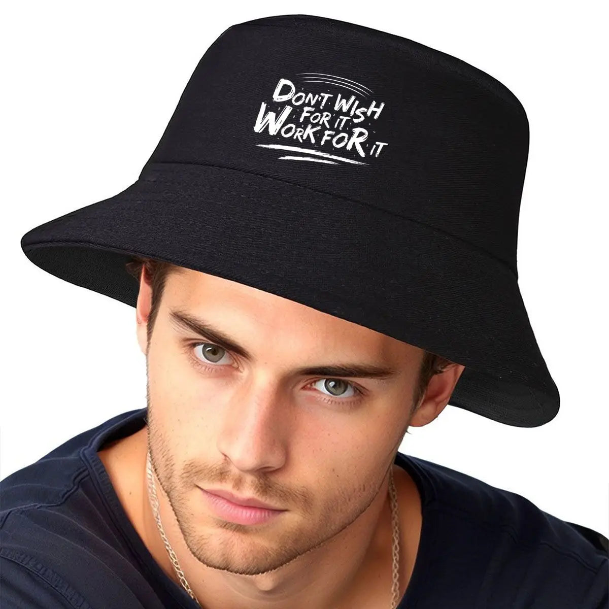 Wish Less Work More Motivational Text Bucket Hat