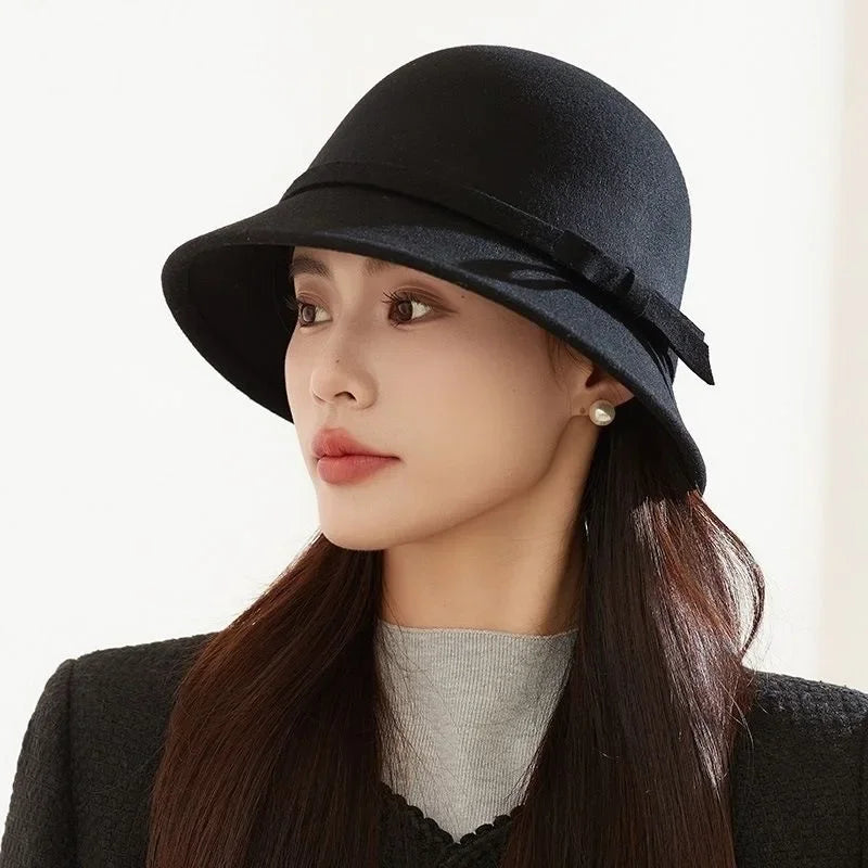 Vintage Bowknot Felt Dome Bucket Hat