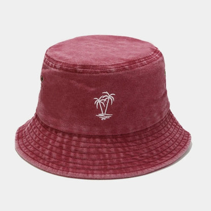 Vintage Washed Palm Tree Embroidery Outdoor Hiking Bucket Hat