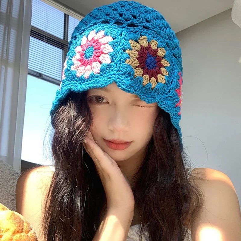 Japanese Handmade Crochet Flower Retro Knitted Bucket Hat