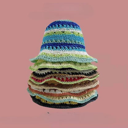 Seaside Colorful Striped Hollow Straw Bucket Hat