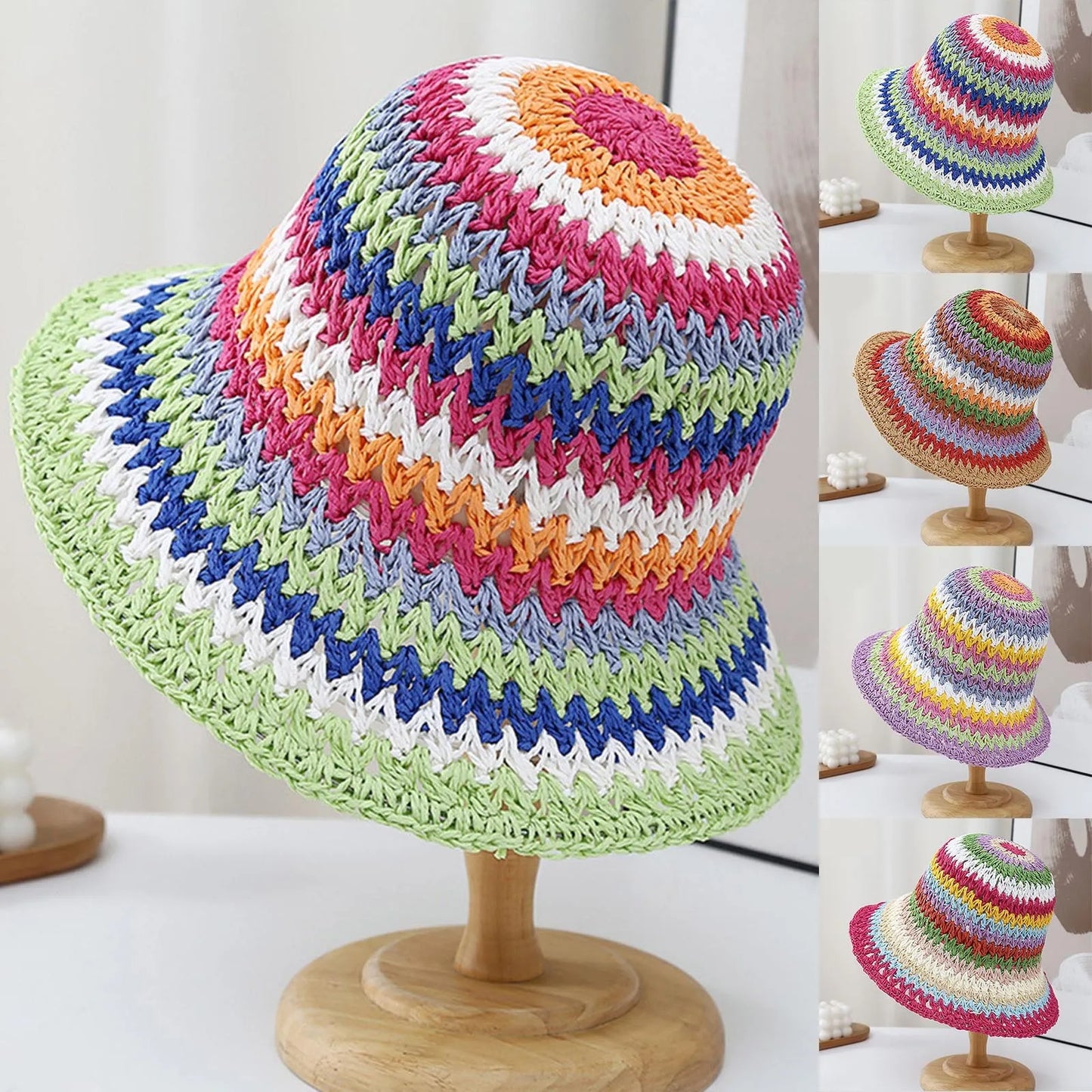 Womens Rainbow Braided Straw Wide Brim Bucket Hat