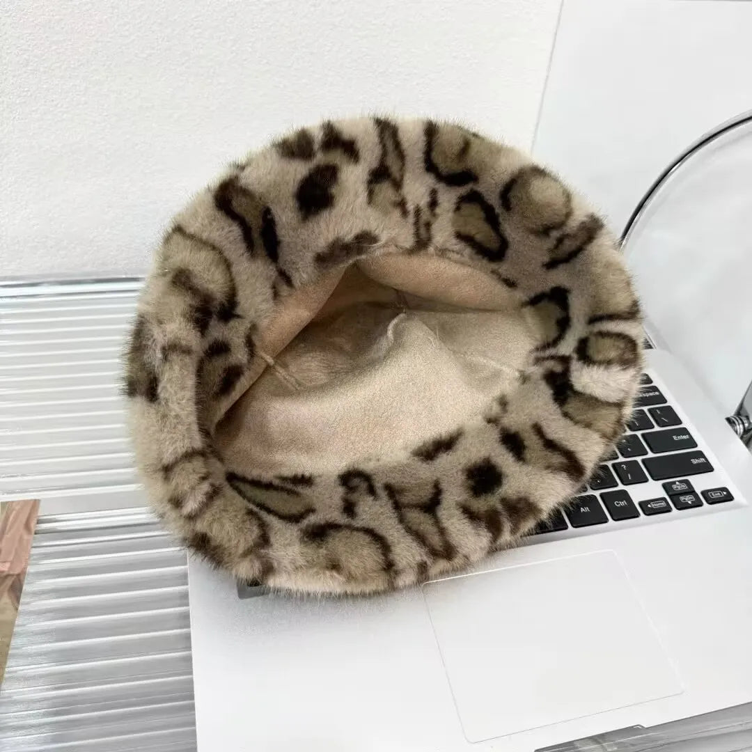 Leopard Print Fur Winter Bucket Hat