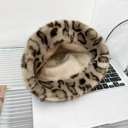 Leopard Print Fur Winter Bucket Hat