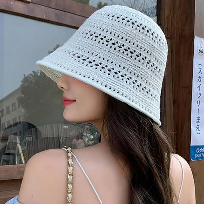 Wide Brim Crochet Hollow Breathable Summer Bucket Hat