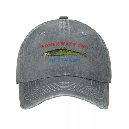 Women Want Fish Me Fear Me Vintage Baseball Cap Unisex