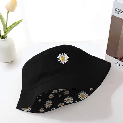 Unisex Double-Sided Daisy Embroidered Cotton Bucket Hat