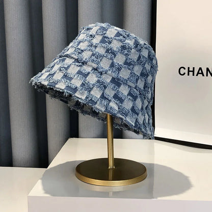 Women's Wide Brim Cotton Checked Sun Bucket Hat