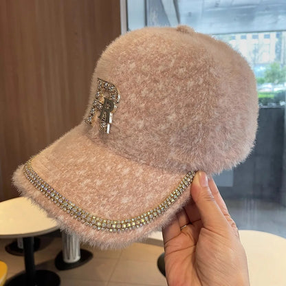 Rhinestone Alphabet Mink Fur Kids Baseball Cap
