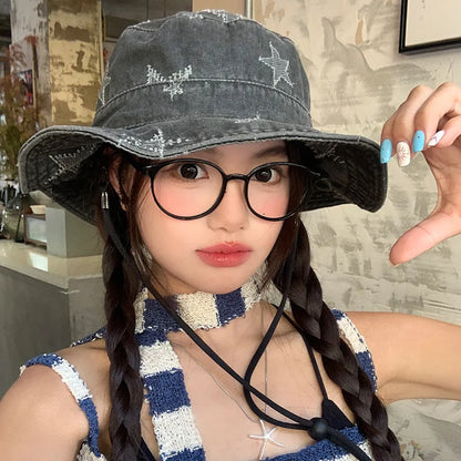 Korean Retro Star Embroidery Washed Denim Bucket Hat
