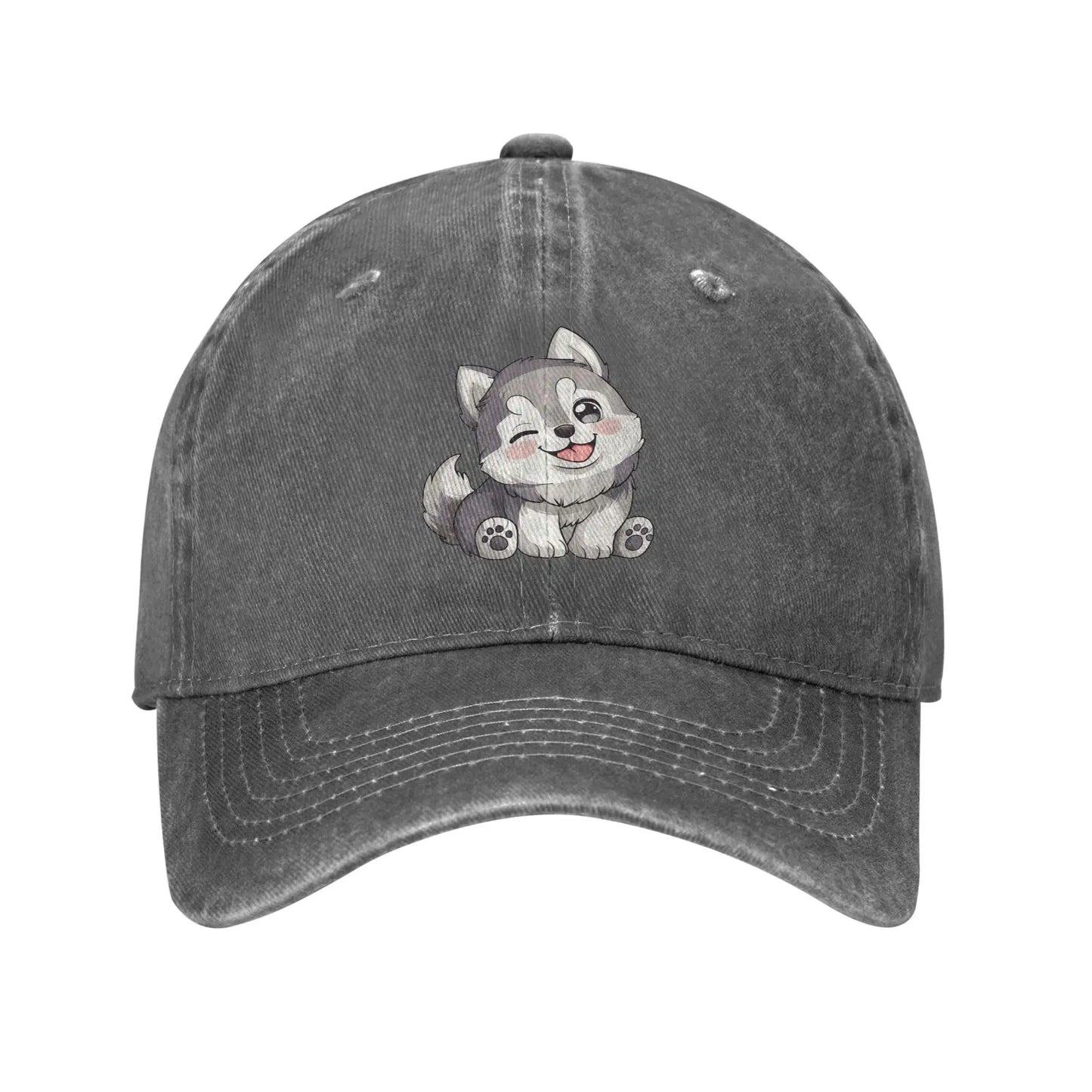Cute Winking Kawaii Husky Denim Baseball Cap
