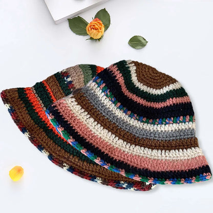 Womens Color Striped Knit Fisherman Bucket Hat