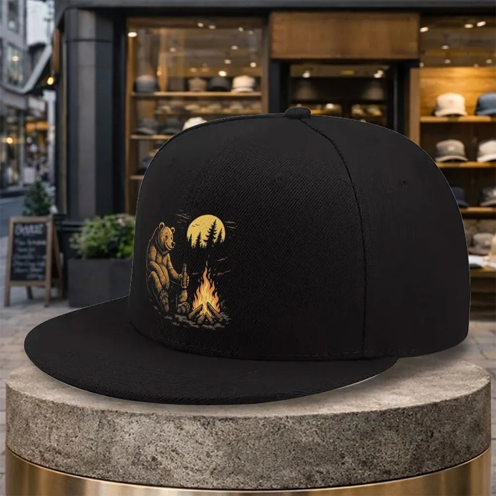 Bear Campfire Moon Silhouette Snapback Cap