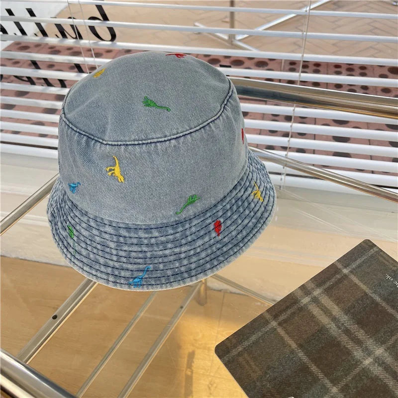 Denim Summer Cartoon Dinosaur Embroidery Bucket Hat