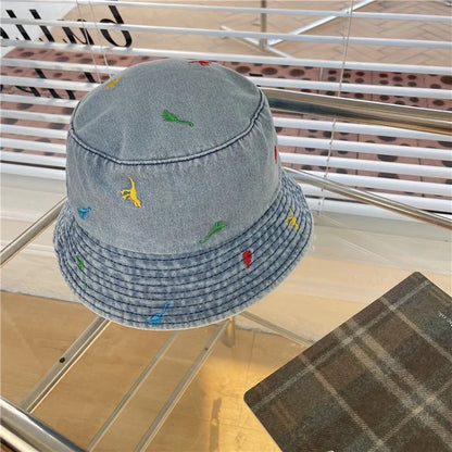 Denim Summer Cartoon Dinosaur Embroidery Bucket Hat
