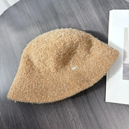 Woolen Letter Metal Logo Warm Bucket Hat