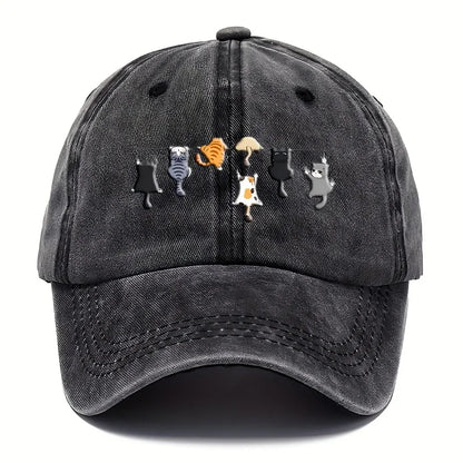 Cute Cat Print Washed Vintage Baseball Cap