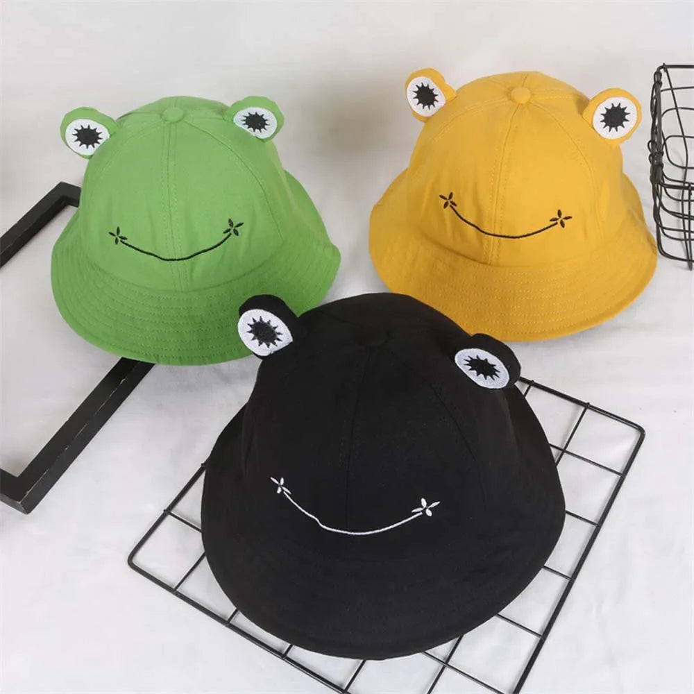 Cute Frog Embroidery Cotton Bucket Hat