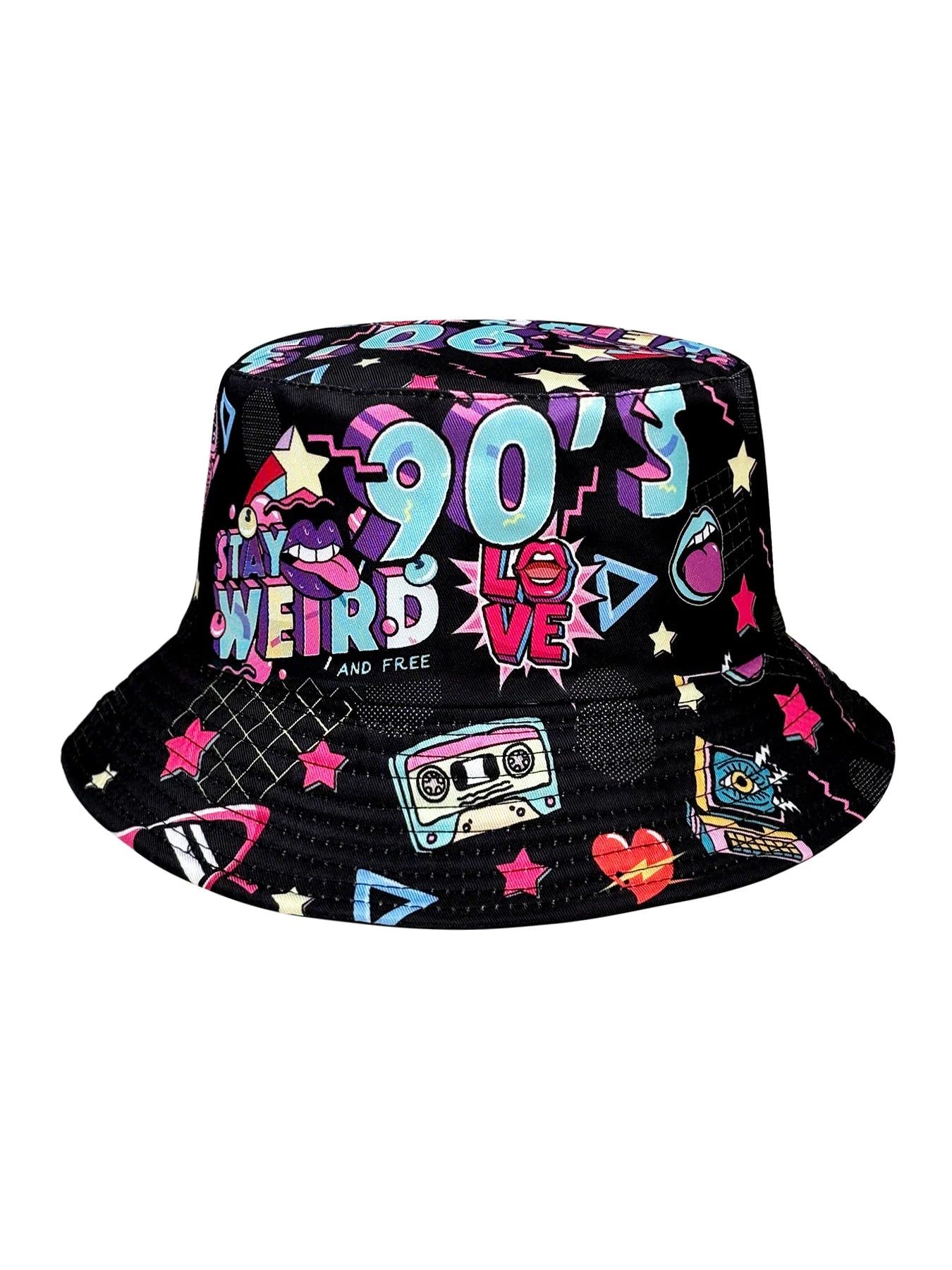 Abstract 90S Black Reversible Foldable Bucket Hat