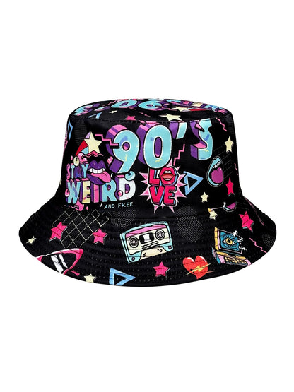 Abstract 90S Black Reversible Foldable Bucket Hat