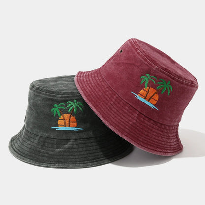 Distressed Coconut Tree Embroidered Beach Bucket Hat