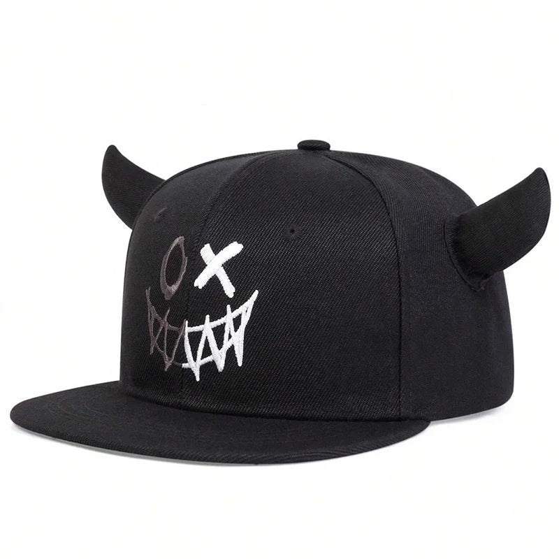 Unisex Smiling Face And Cow Horn Personality Hip-hop Hats