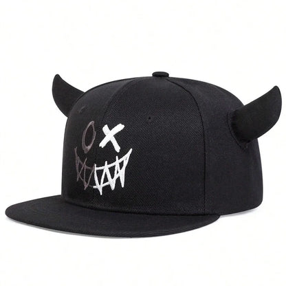 Unisex Smiling Face And Cow Horn Personality Hip-hop Hats