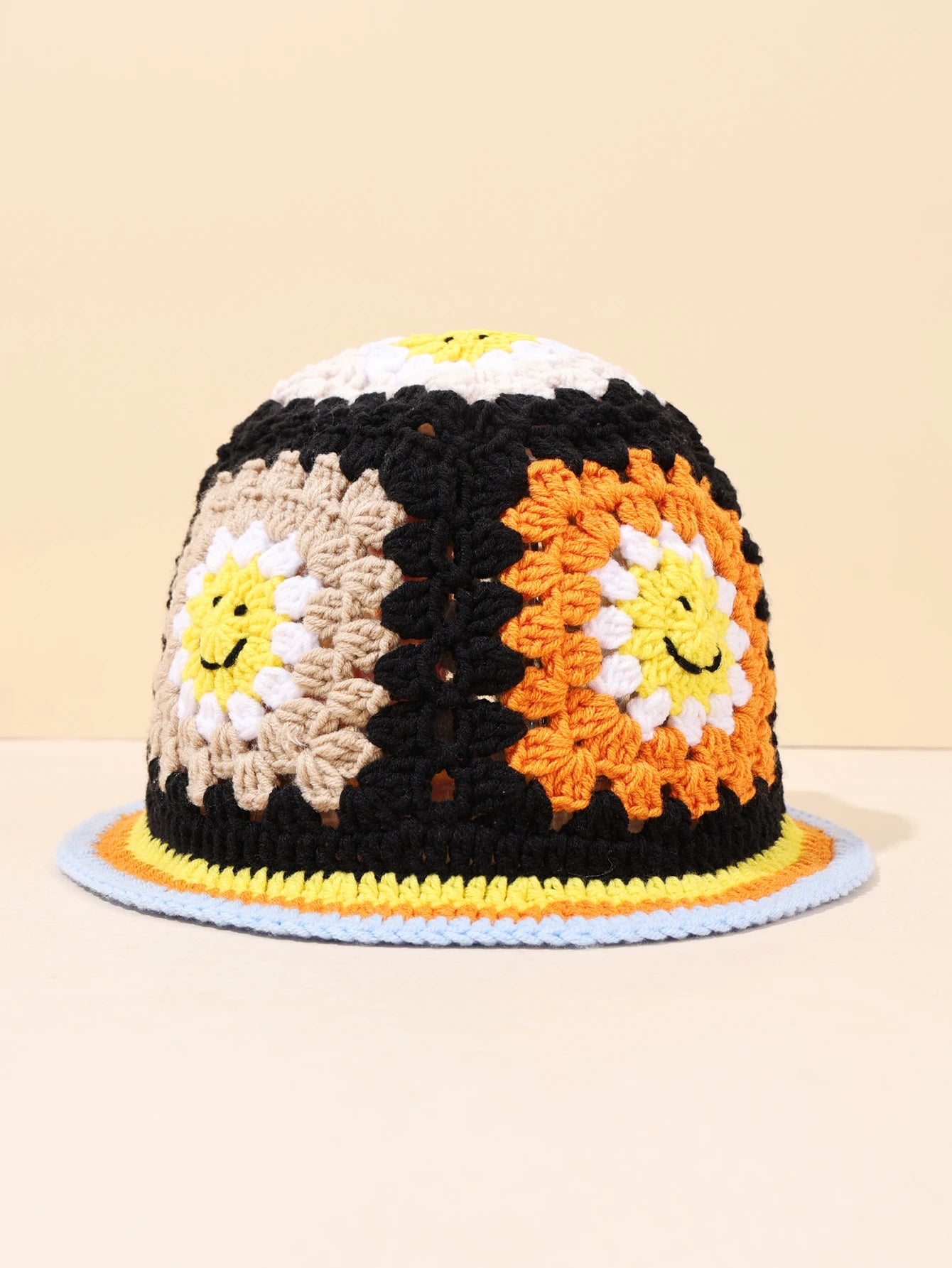 Vintage Smiley Face Patch Crochet Bucket Hat
