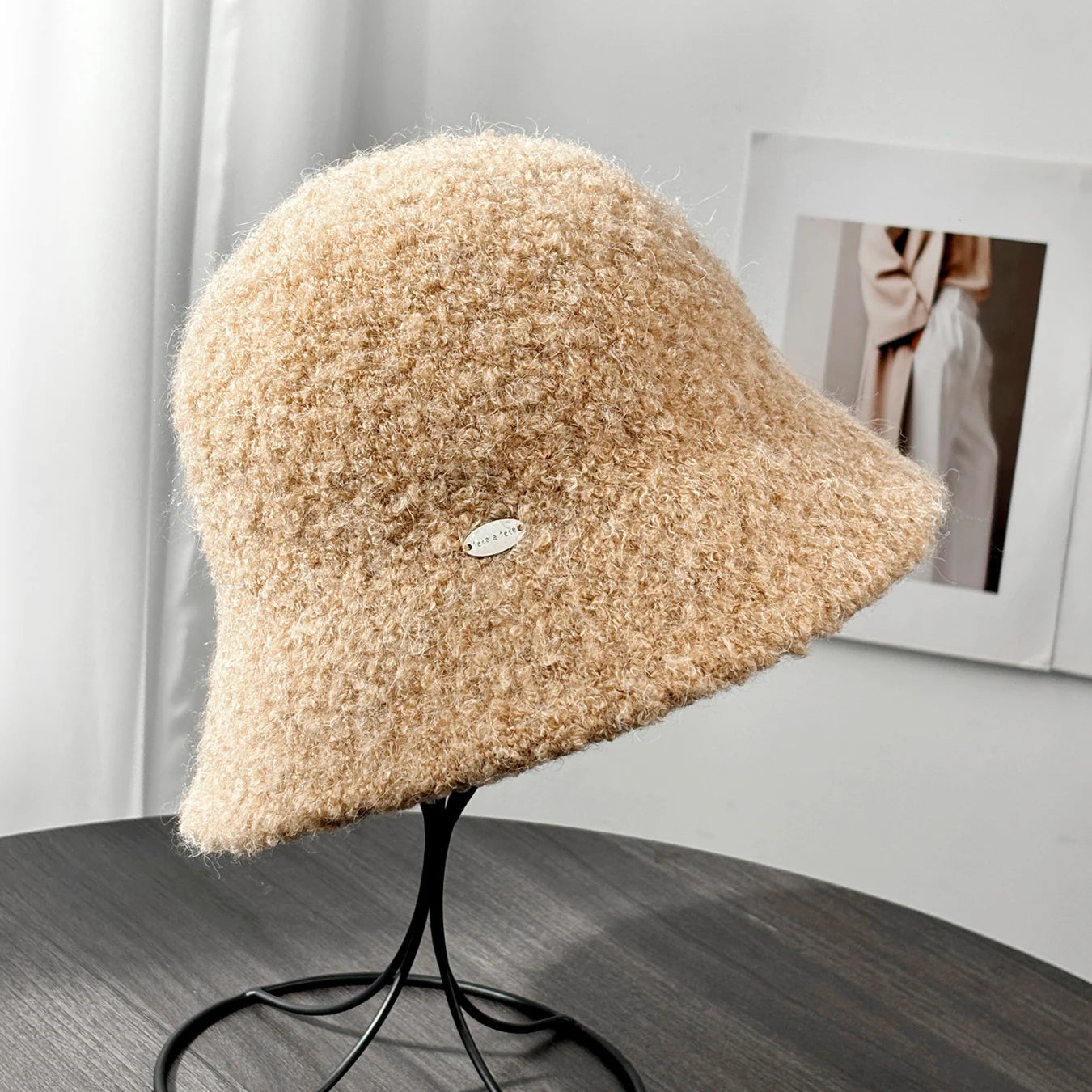 Woolen Letter Metal Logo Warm Bucket Hat