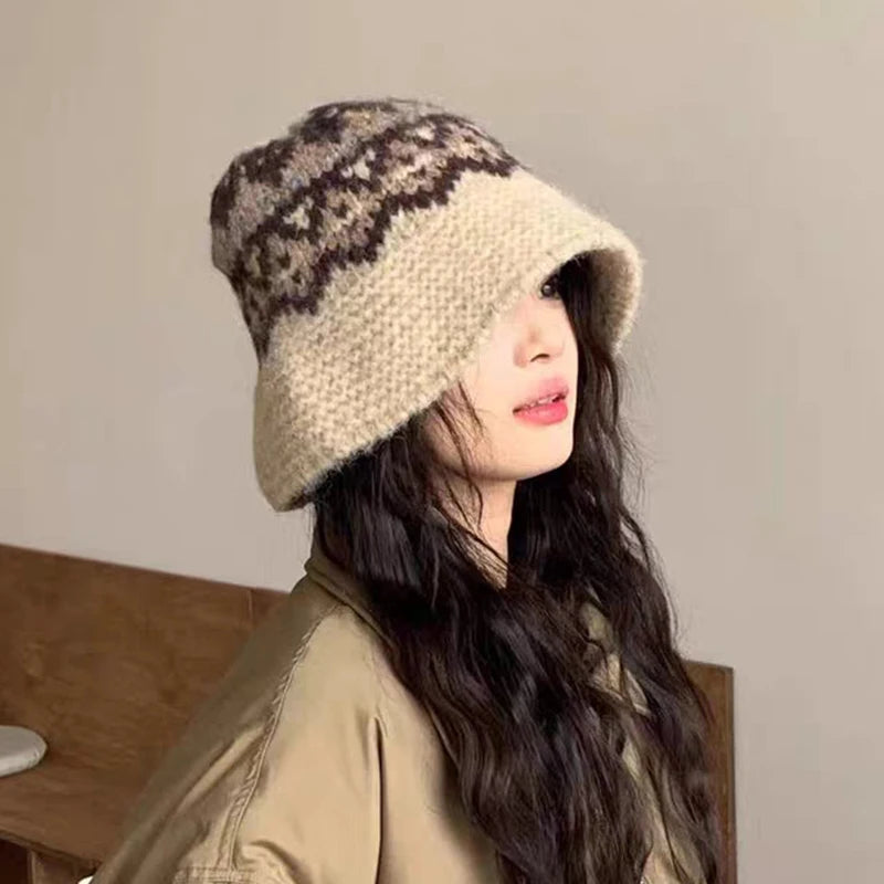 Retro Jacquard Knitted Korean Warm Women Bucket Hat