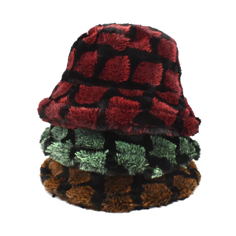 Unisex Plush Checkered Winter Bucket Hat