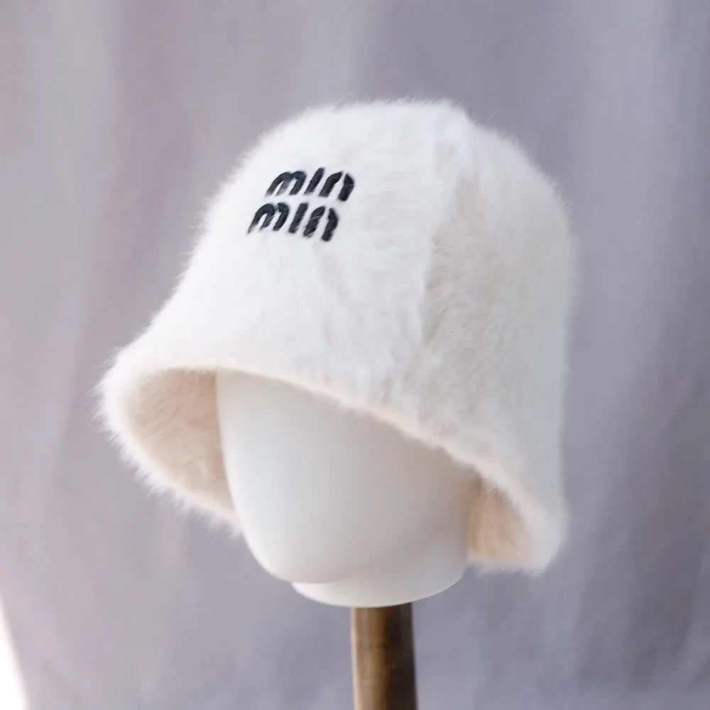 Plush Rabbit Fur Winter Bucket Hat for Women