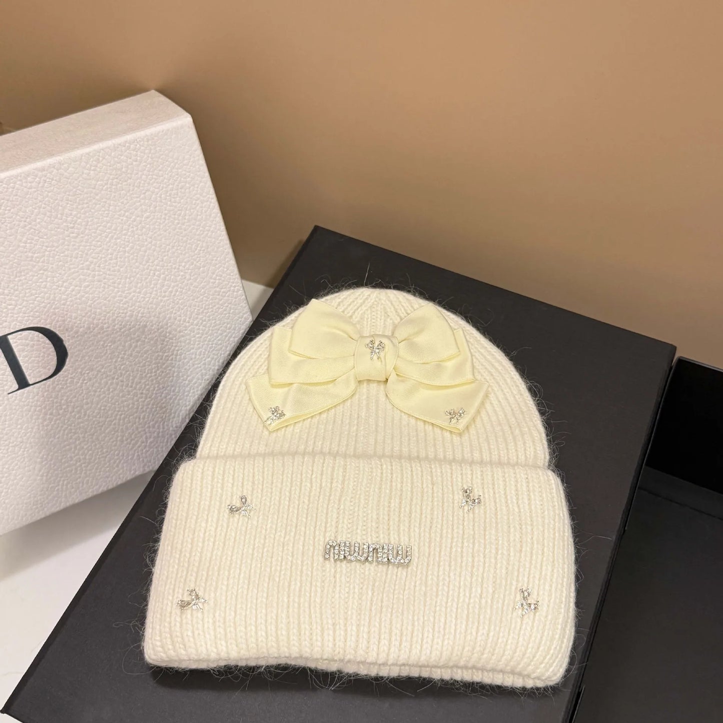 Luxury Rabbit Fur Knit Winter Beanie with Bow
