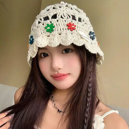 Korean Handmade Flower Hollow Knitted Bucket Hat
